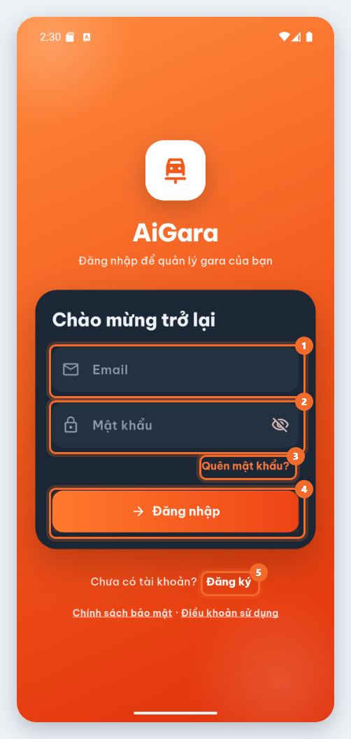 Màn hình đầu tiên sau khi cài: đăng nhập AiGara