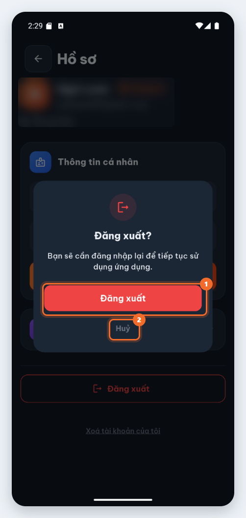 Hộp xác nhận đăng xuất (thông tin tài khoản đã được làm mờ)