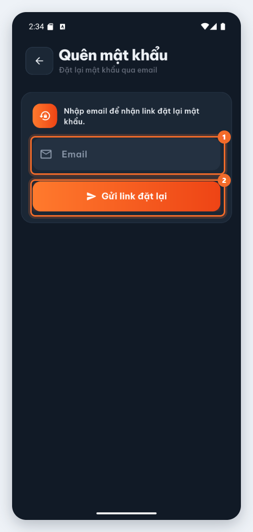 Màn hình Quên mật khẩu — đặt lại mật khẩu qua email