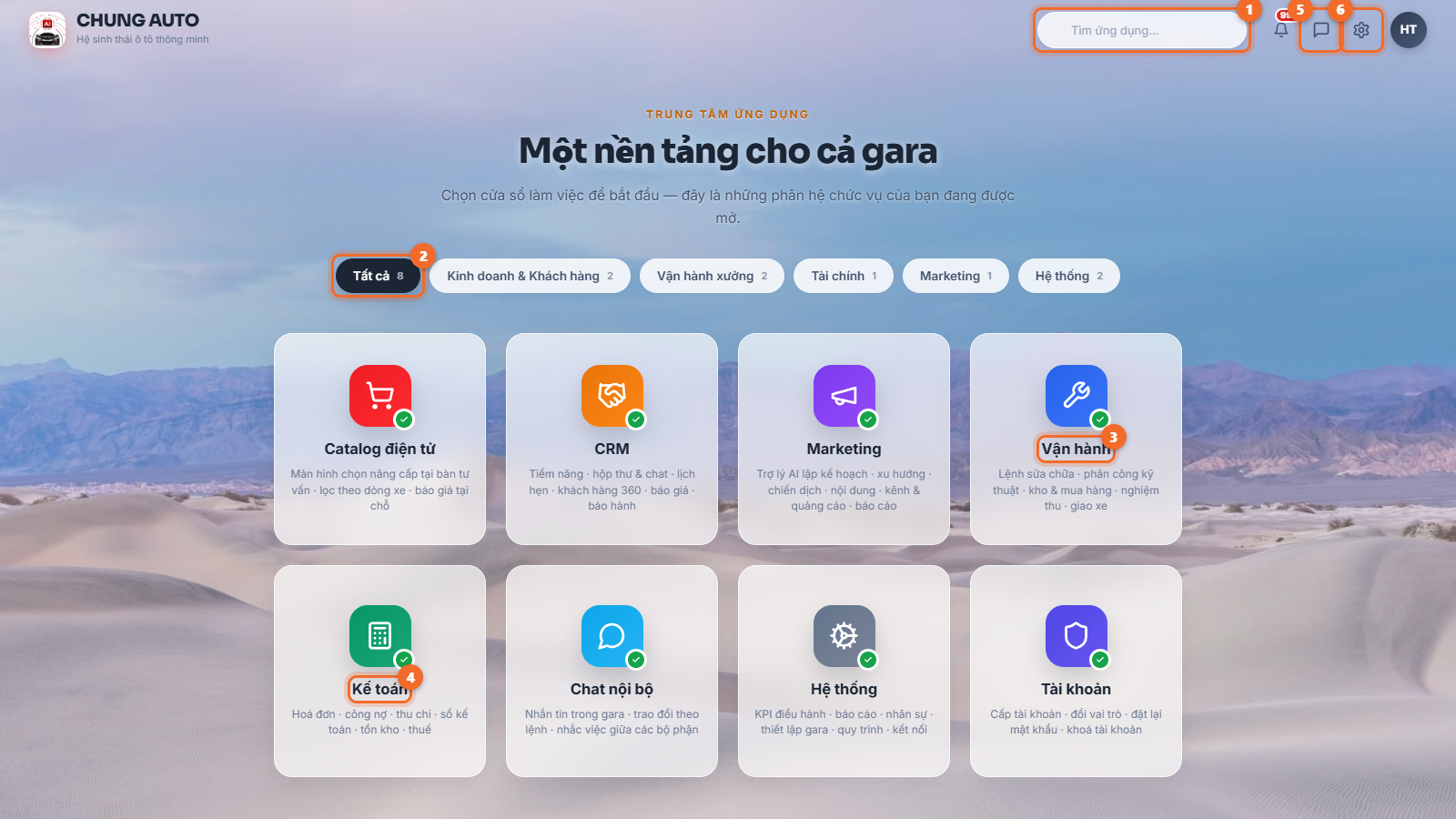 Trung tâm ứng dụng — 8 phân hệ của AiGara