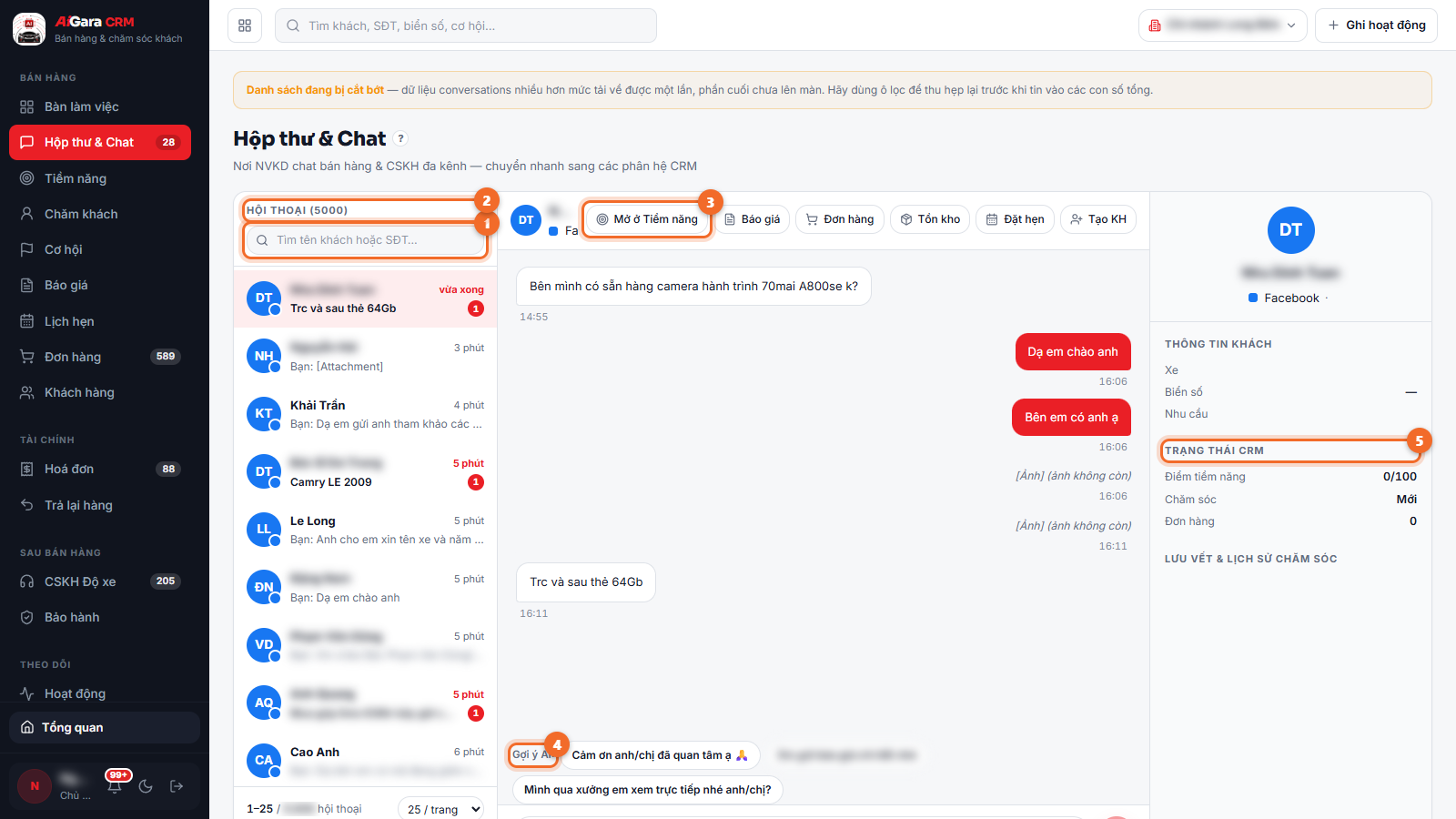 Hộp thư & Chat — ba cột hội thoại, khung chat và thông tin khách