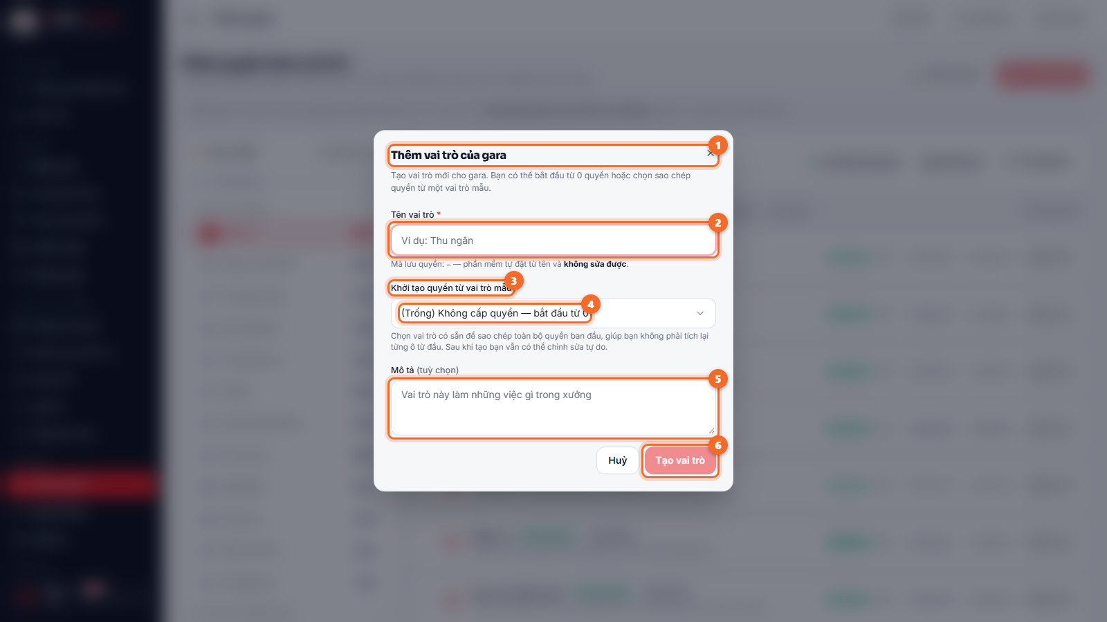 Form Thêm vai trò của gara