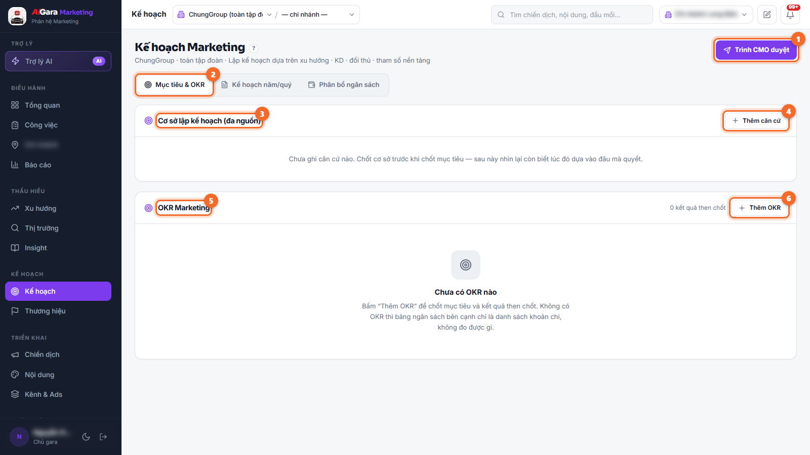 Kế hoạch Marketing — tab Mục tiêu & OKR