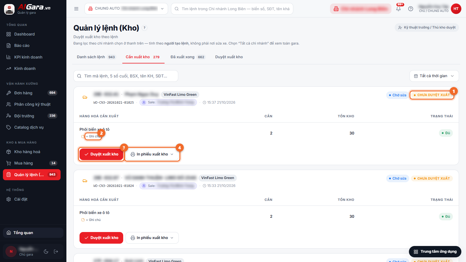 Tab Cần xuất kho — các nút thao tác của một lệnh